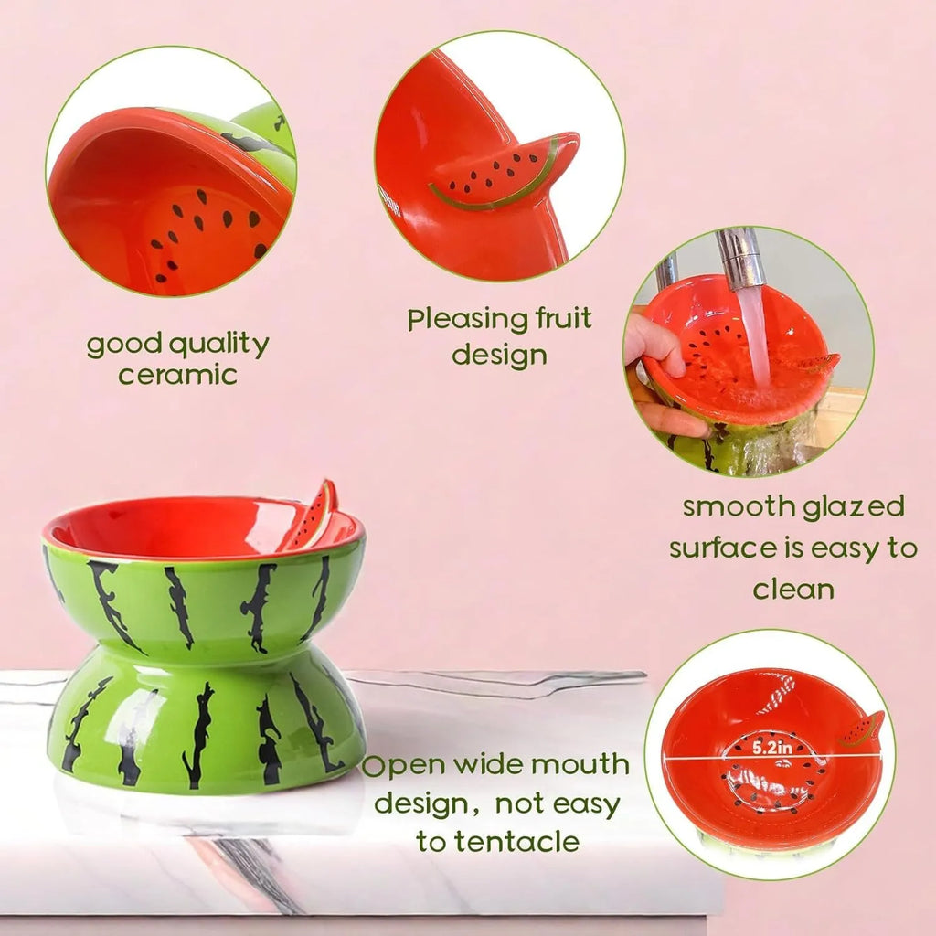 Ceramic raised cat bowl with tilted wide dish on elevated 5-inch stand