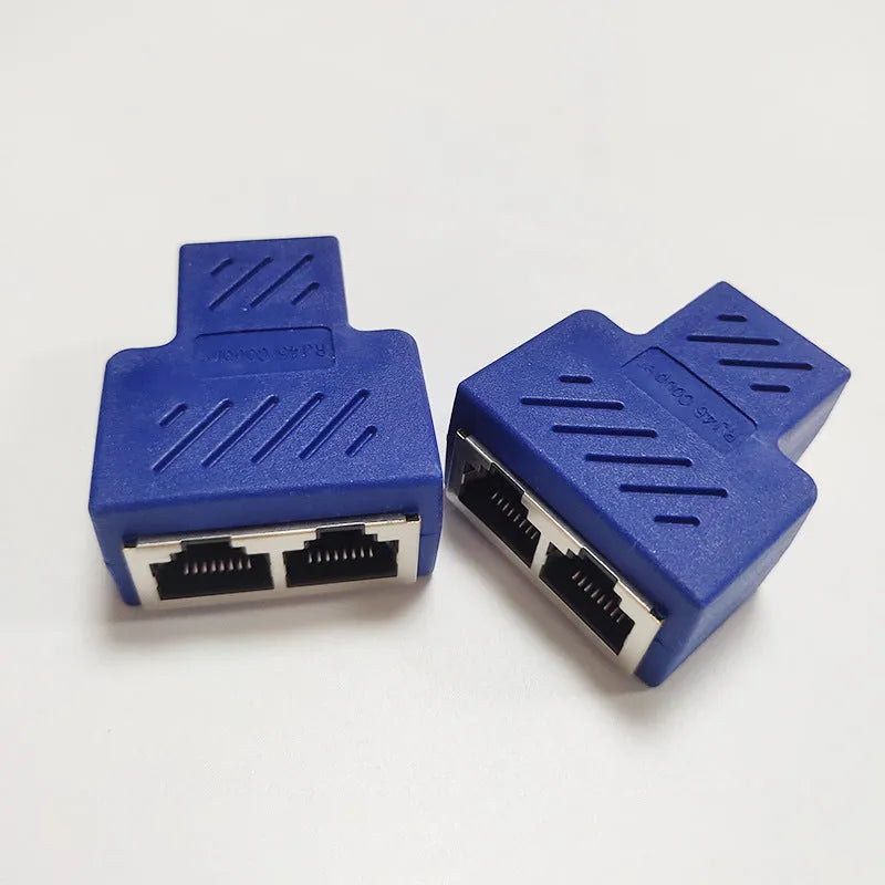 RJ45 network cable splitter adapter showing tee-shaped design with one input and two output ports