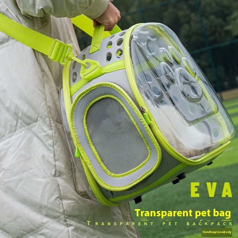 Large transparent hard EVA cat backpack carrier in grass green, shown with folded size.