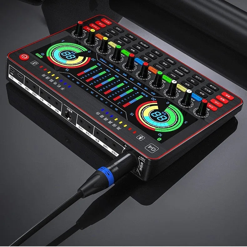 G4 professional sound card mixer with LCD screen, microphone, and remote control for live streaming.