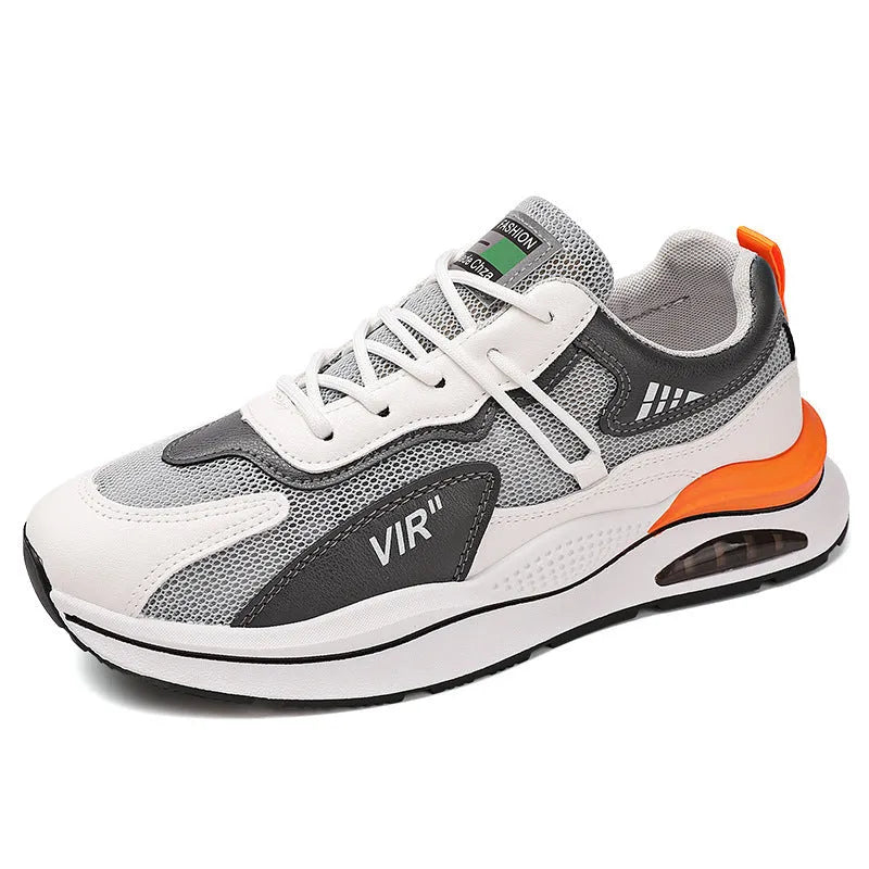 Men's grey and black mesh casual running shoes with a lightning graphic and round toe.