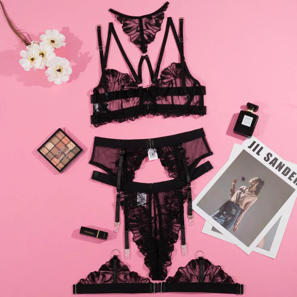 Women's black embroidery stitching mesh bra bikini set three-point style