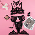 Women's black embroidery stitching mesh bra bikini set three-point style
