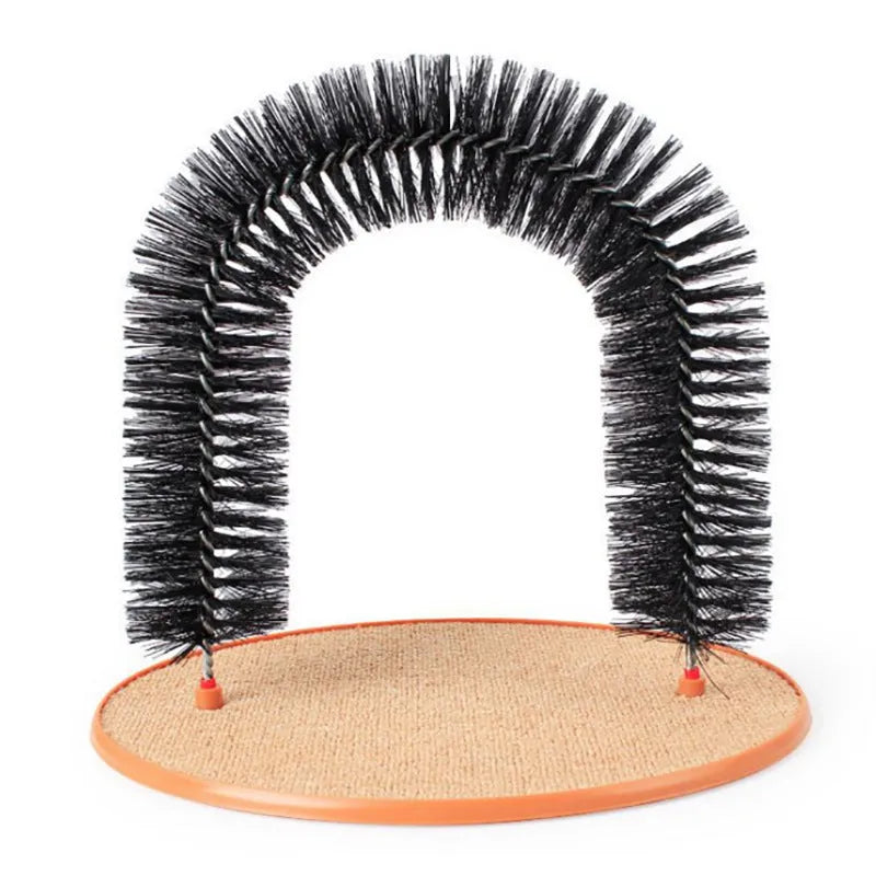 Arched cat grooming toy with built-in brush for scratching and self-grooming