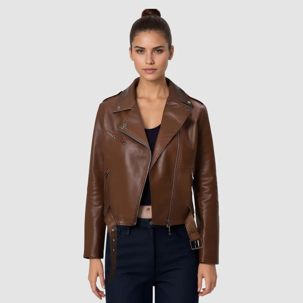 Women's red PU leather jacket with a lapel collar and a short waist belt, laid flat.