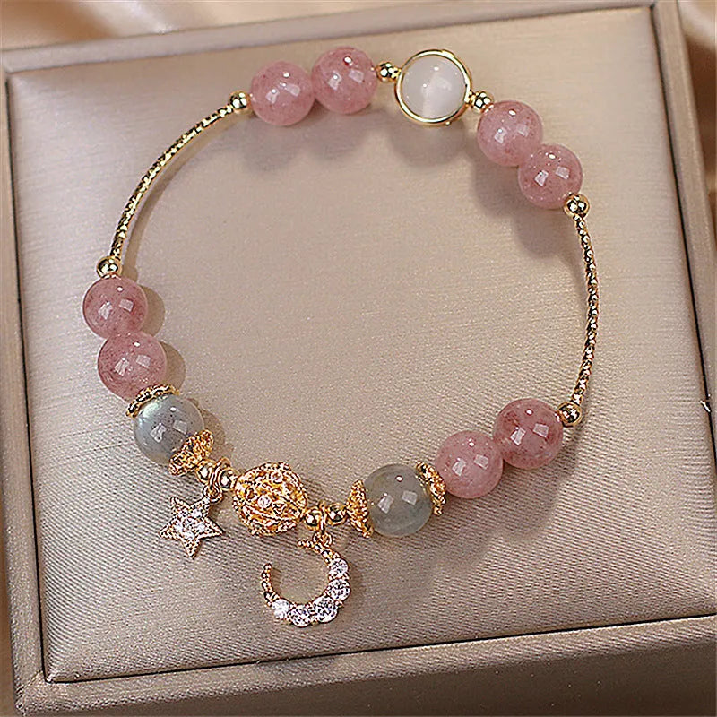 Natural stone bracelet with crystal beads and star moon alloy charms for women, retro pastoral style