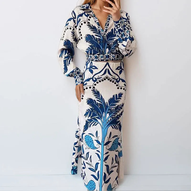 Women's casual polyester two-piece set with long sleeve top and matching long skirt in picture colour