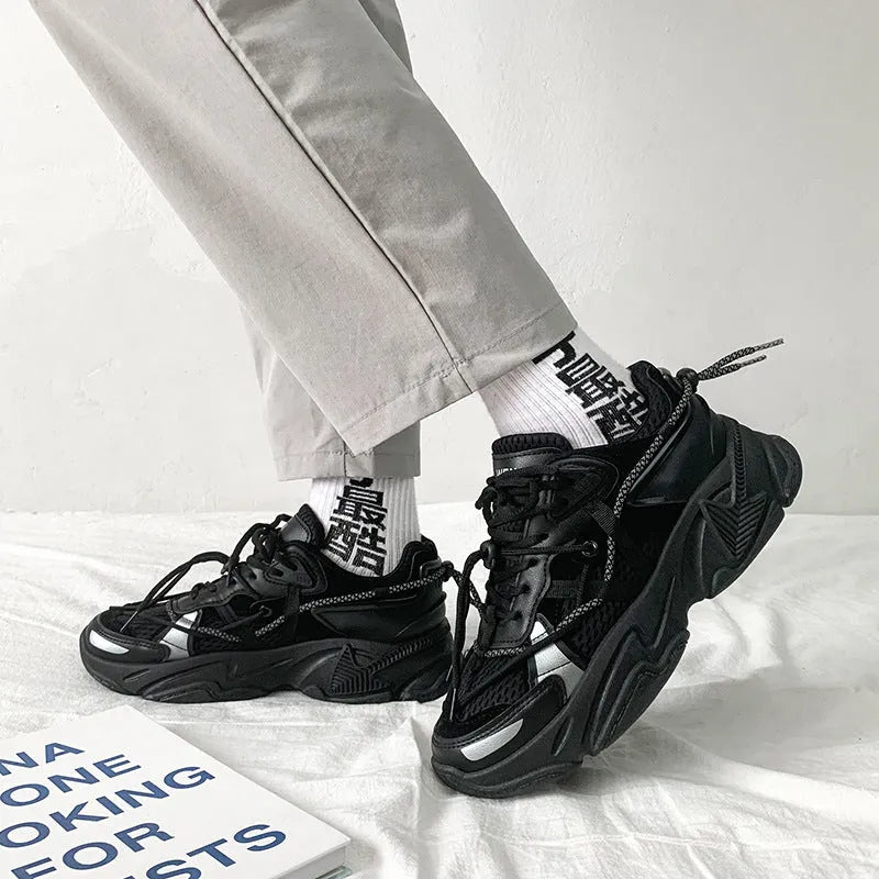 Men's Korean style platform dad shoes in white, black, or grey with mesh lining and lace-up front
