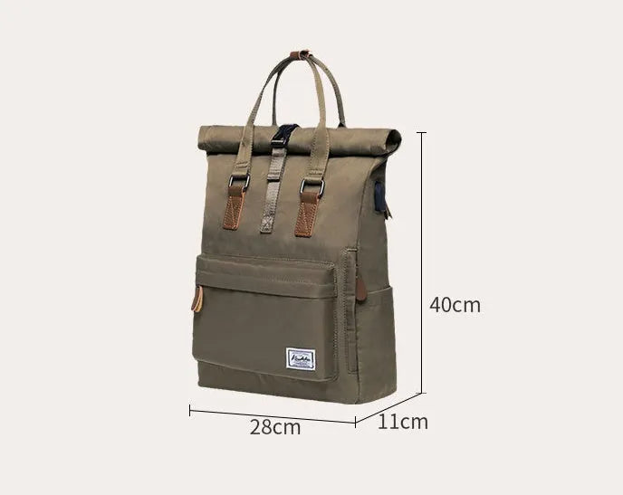 Casual black polyester backpack with cover opening, showing internal laptop pocket.