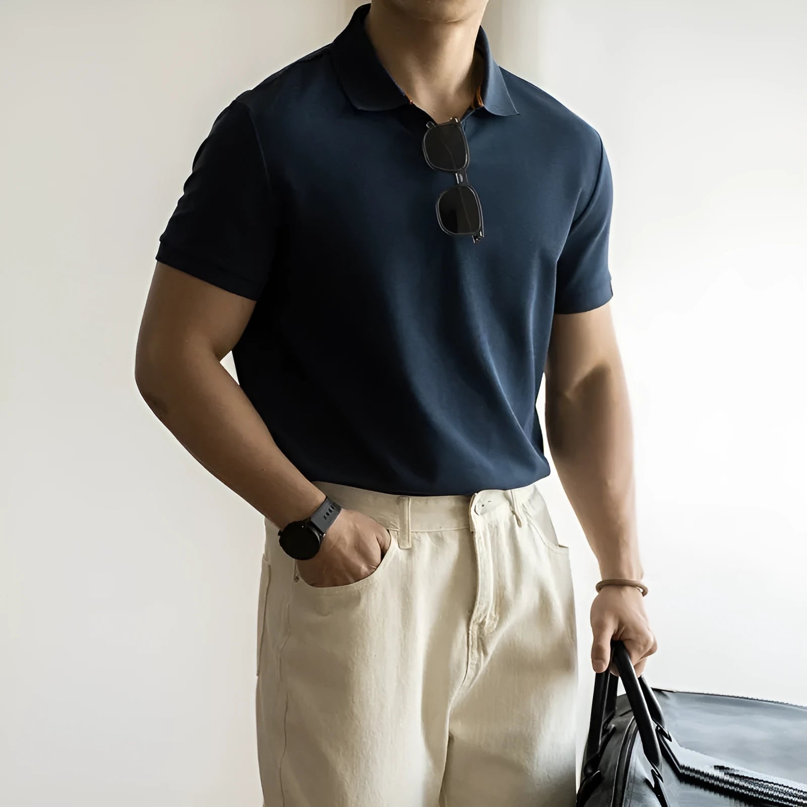 Men's blue short-sleeved cotton blend polo shirt on a hanger, showing regular fit and casual style.