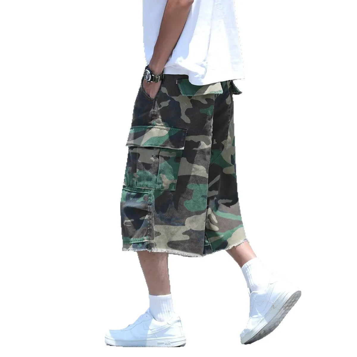 Men's camouflage pattern shorts with American retro workwear styling in loose cropped cut
