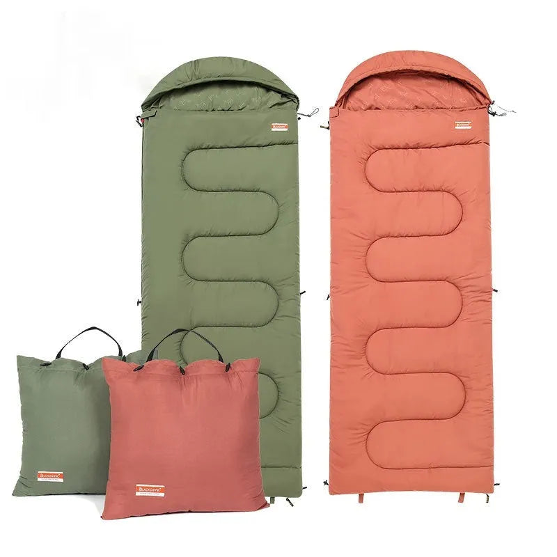 Outdoor camping cotton sleeping bag quilt in ochre or olive green colour showing quilt-style design