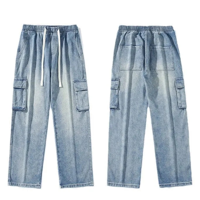 Men's cotton straight leg jeans in dark blue American retro workwear style