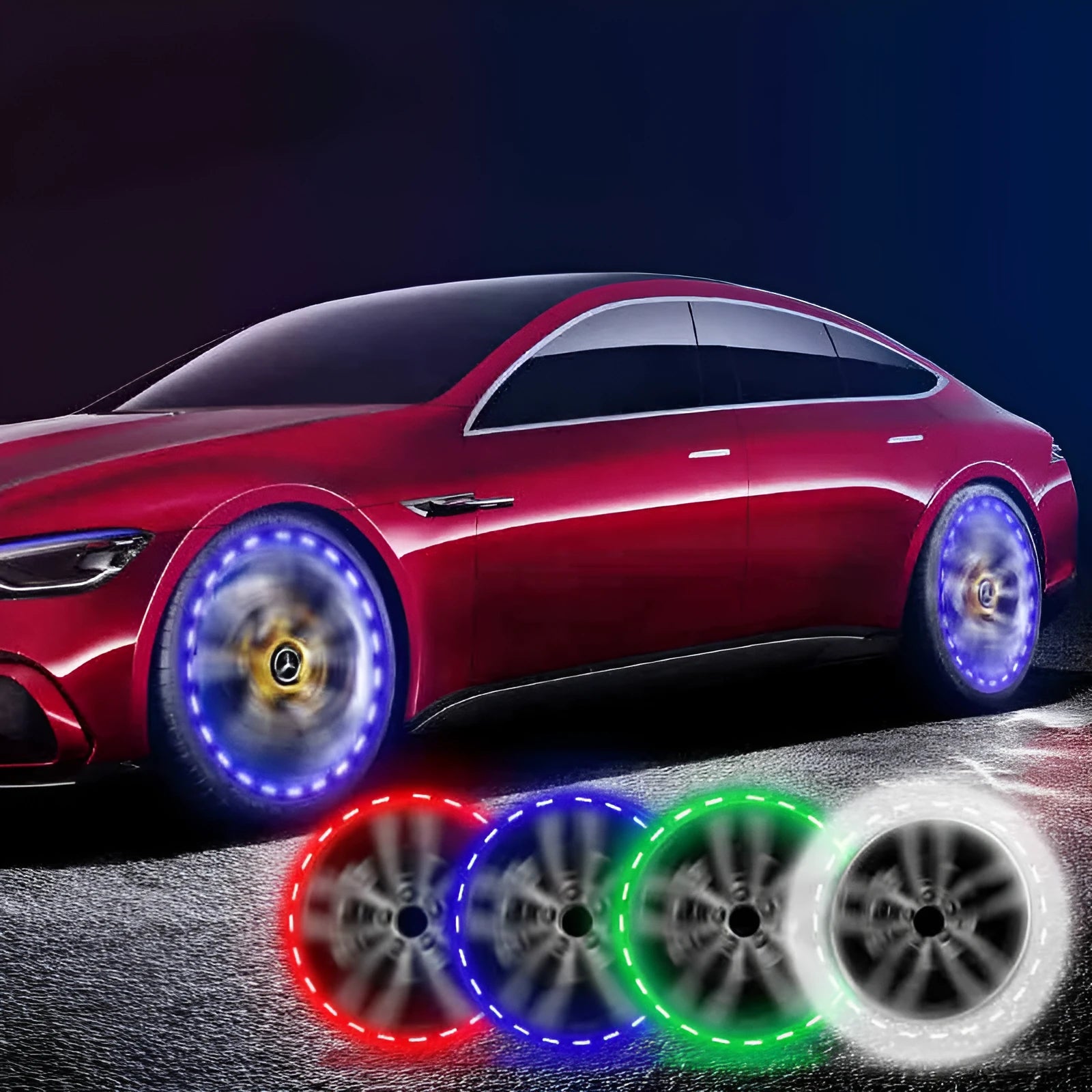 Solar LED hub decorative lights for vehicle wheels with colourful flashing display
