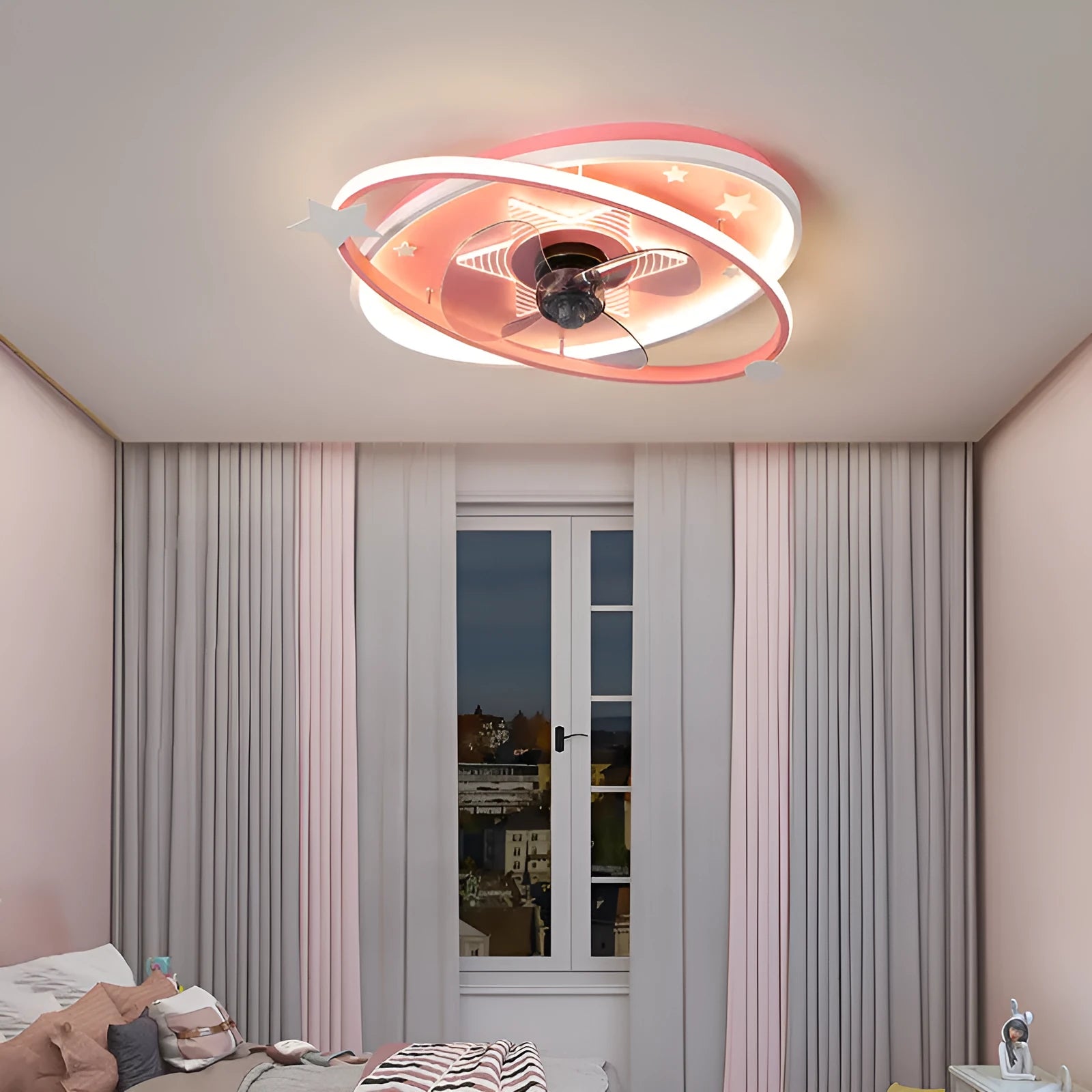 Modern blue iron chandelier with acrylic shade for a child's bedroom, showing remote control.