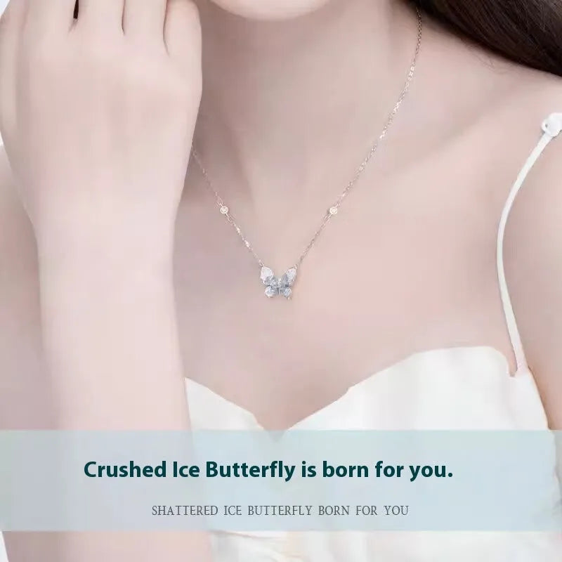 S925 silver necklace with a detailed ice rain style butterfly pendant on an adjustable O-ring chain.