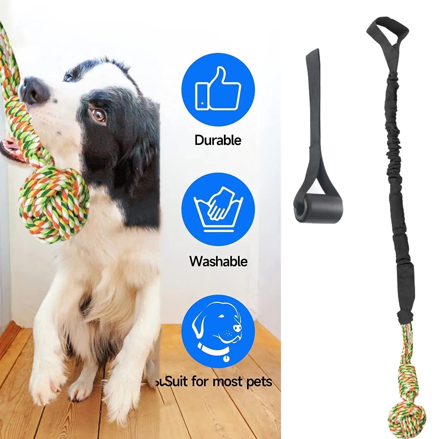 Cotton dog tug of war rope toy in black, grey, or red colours for interactive play