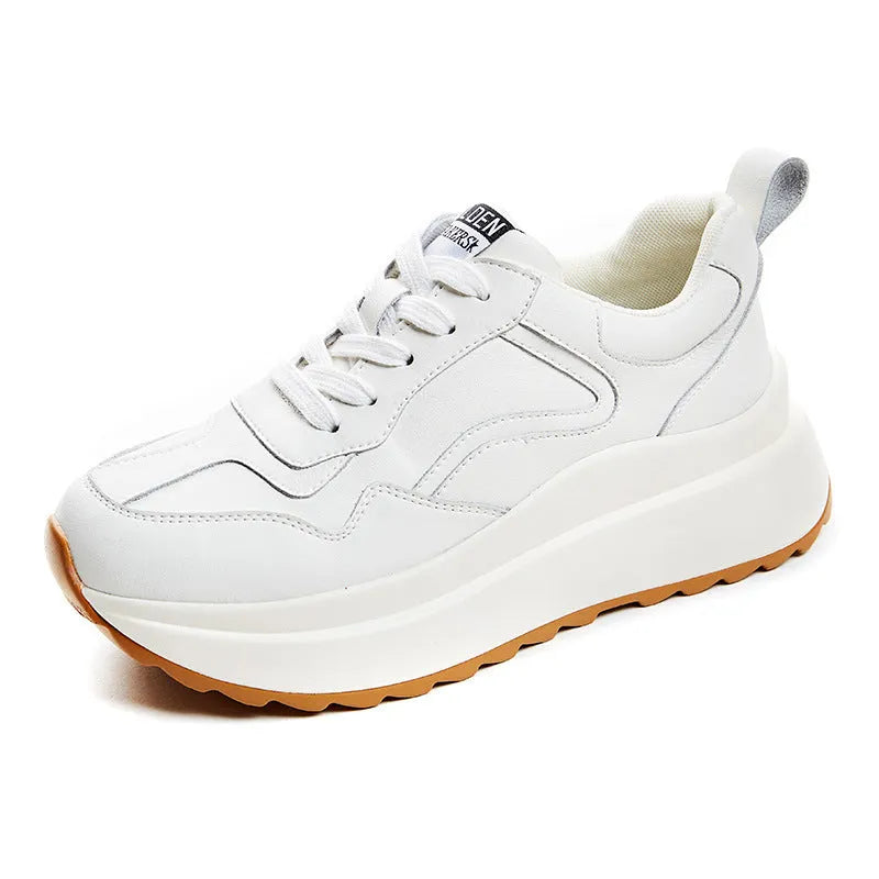 Women's white cowhide leather casual sports shoes with lace-up front and cross strap detail