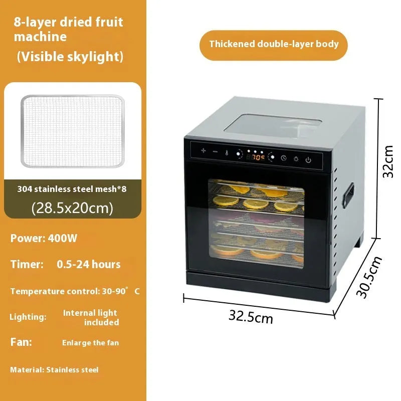 Stainless steel fruit dehydrator appliance with visual skylight top and multiple drying trays.