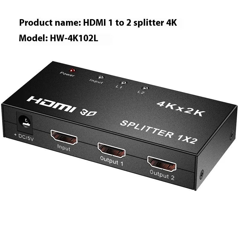 HDMI splitter device with one input and two output ports for 4K video distribution