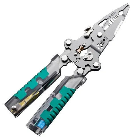Electricians' multi-functional pointed pliers and wire stripper tool made of steel.