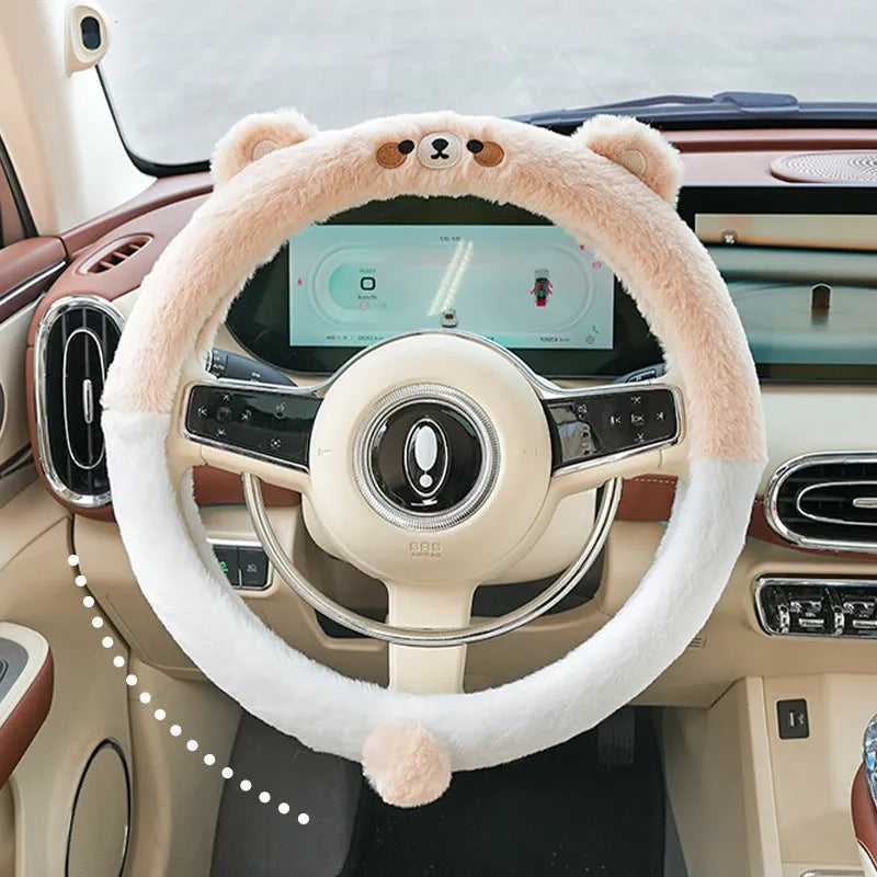 38cm plush winter car steering wheel cover with embroidered animal design