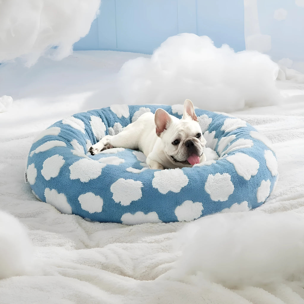 Round blue and white plaid dog bed with plastic base in 60cm size for medium dogs