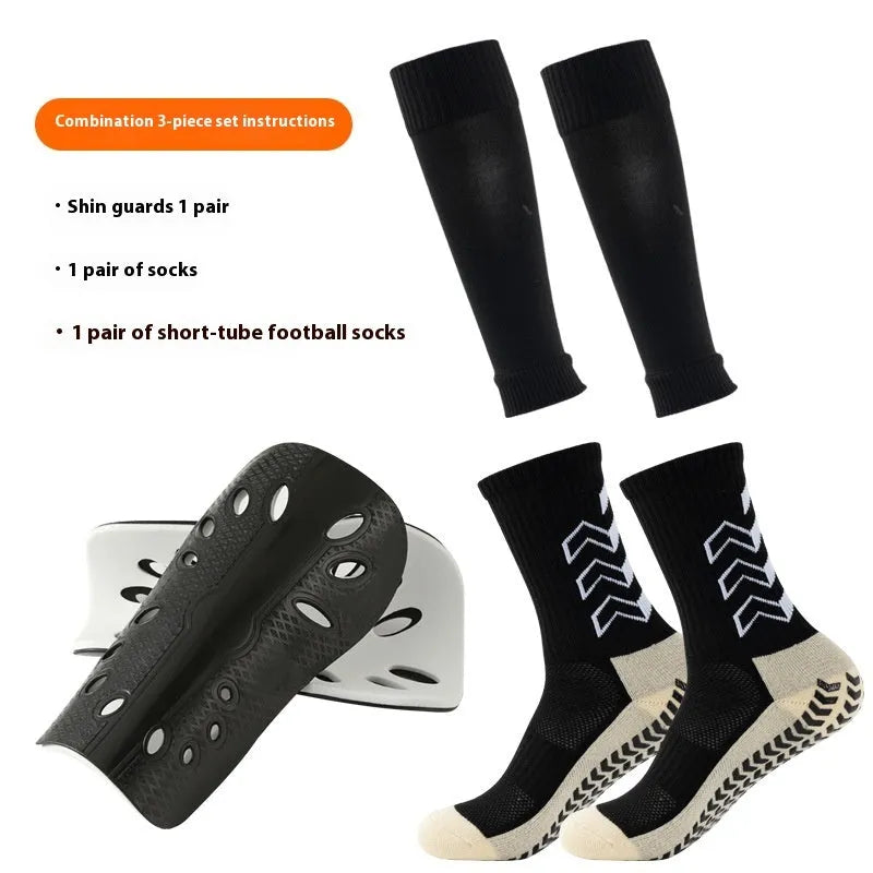 Thick below-the-knee long soccer shin guard set with non-slip socks and glue dispensing in multiple colours