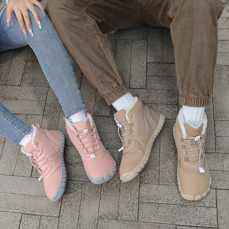 Waterproof outdoor snow boots with fleece lining, rubber soles, and lace-up front in black, khaki, or pink colours