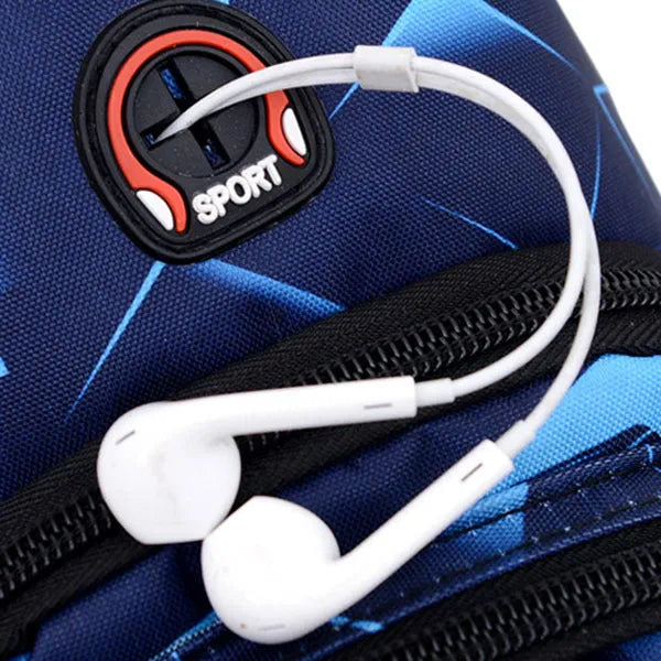 Blue print sling chest bag for men with crossbody strap and visible earphone hole