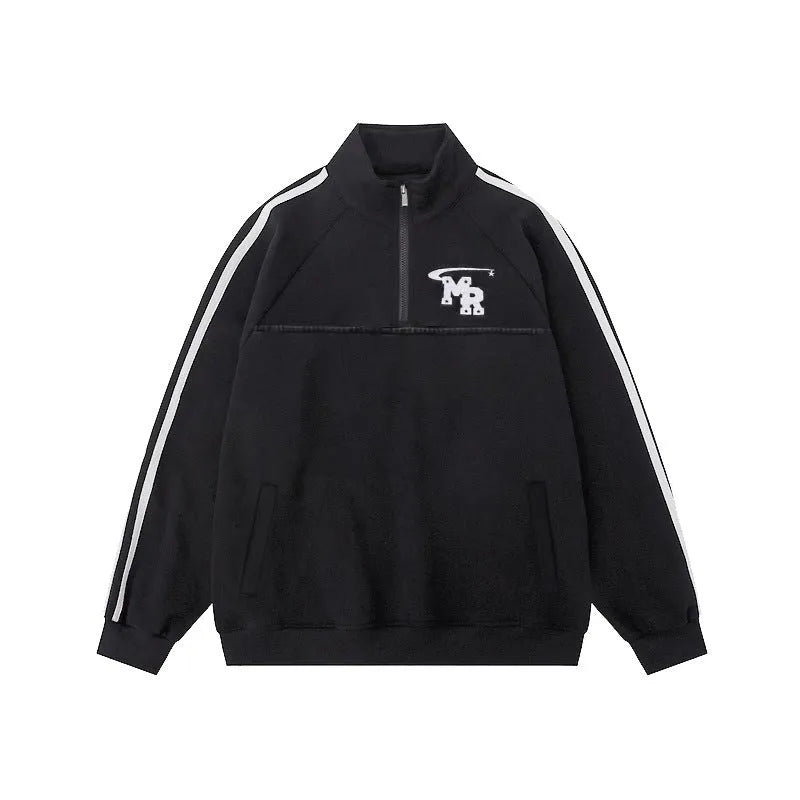 Black Hong Kong style stand collar long sleeve polyester sports hoodie on a hanger