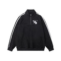 Black Hong Kong style stand collar long sleeve polyester sports hoodie on a hanger