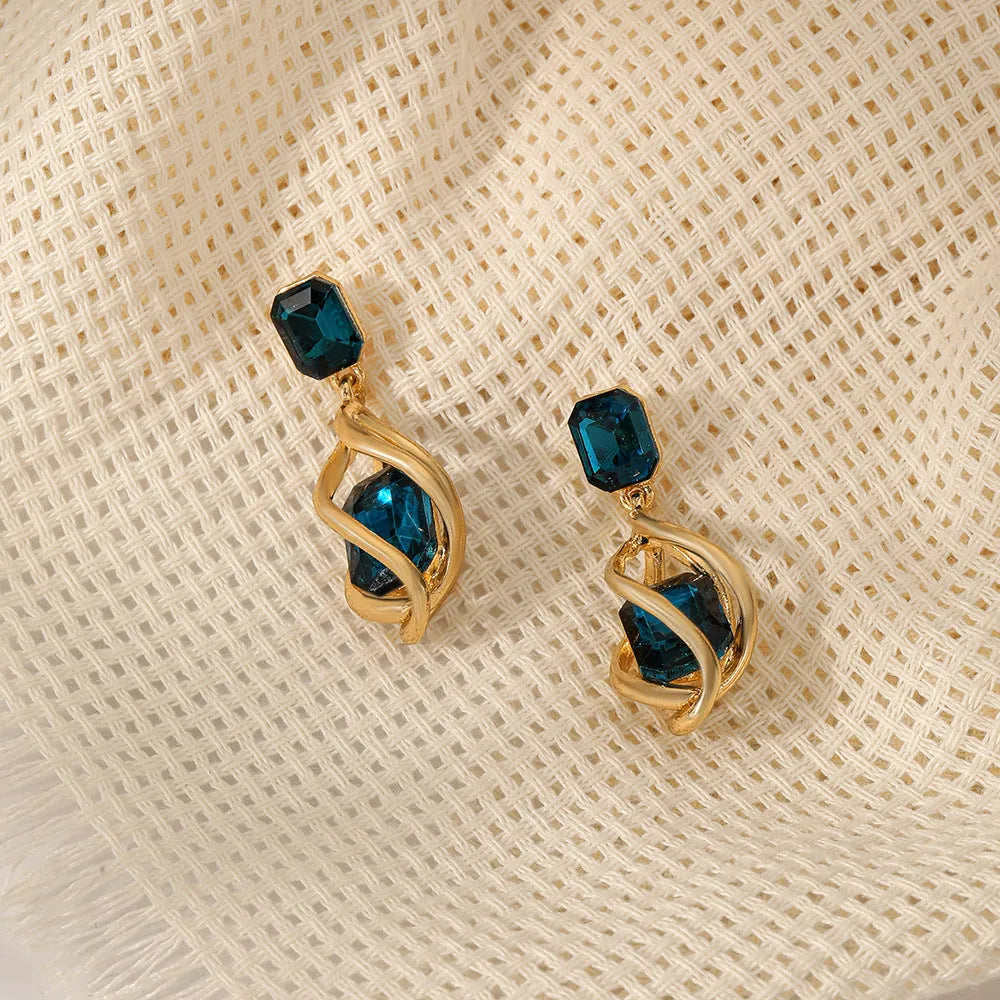 Retro creative emerald women's stud earrings in alloy with KC gold finish, irregular shape, five colour options