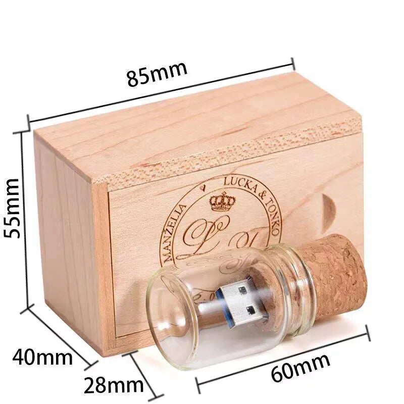 Transparent wooden drift bottle shaped USB flash drive measuring 60 by 28mm