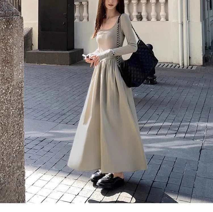 Women's square collar knitted dress with elastic waist and a-line long skirt in grey colour