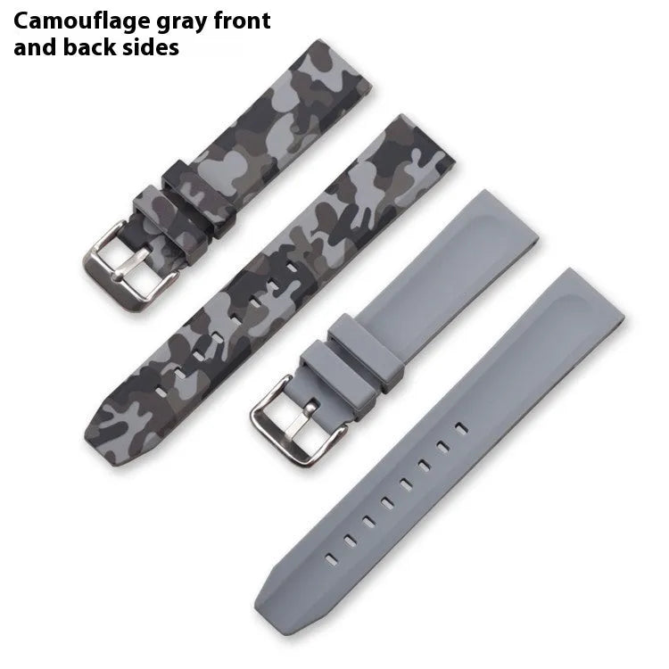 Camouflage pattern silicone watch strap with universal flat head in blue, grey, and green
