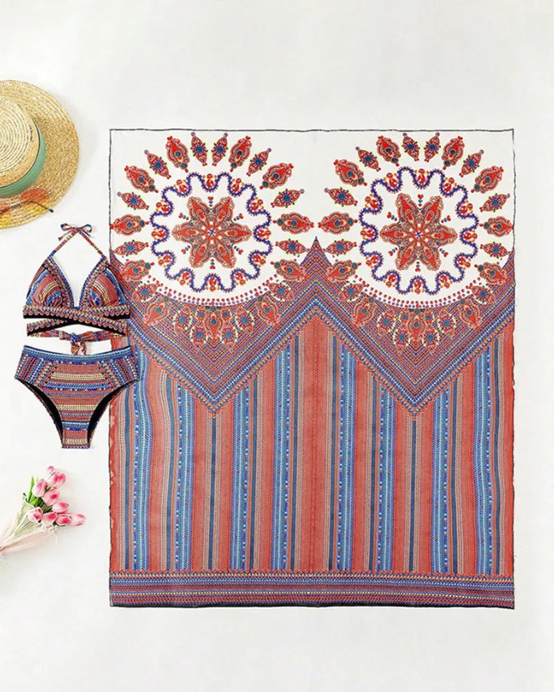 Women's three-piece swimsuit set with cutout blouse, high-waist briefs, and matching beach coat