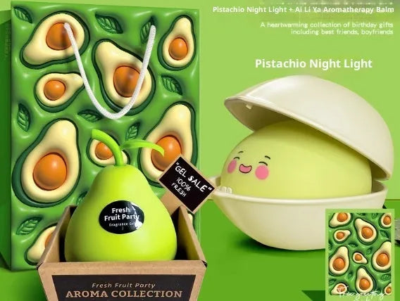 Pistachio-shaped silicone night light with LED bulb and data cable, designed for babies and toddlers as a sleep aid