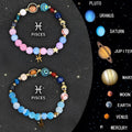 Two natural stone beaded bracelets with zodiac sign charms on a neutral background