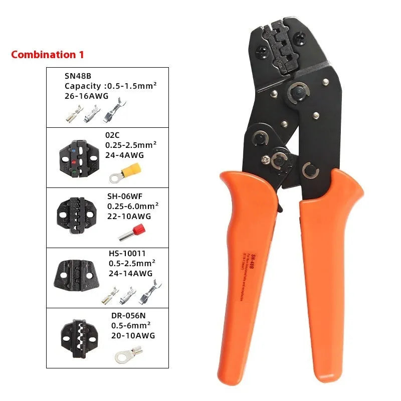 SN-48B portable high carbon steel crimping pliers set with four pairs of pliers and a wire crimper.