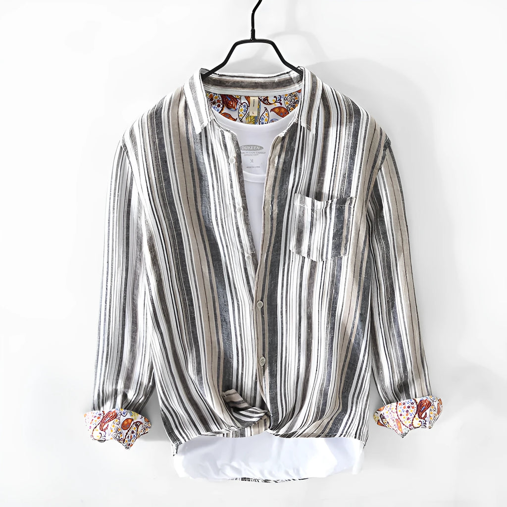 Men's loose fit linen striped shirt with long sleeves in red or grey colour options.