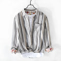 Men's loose fit linen striped shirt with long sleeves in red or grey colour options.