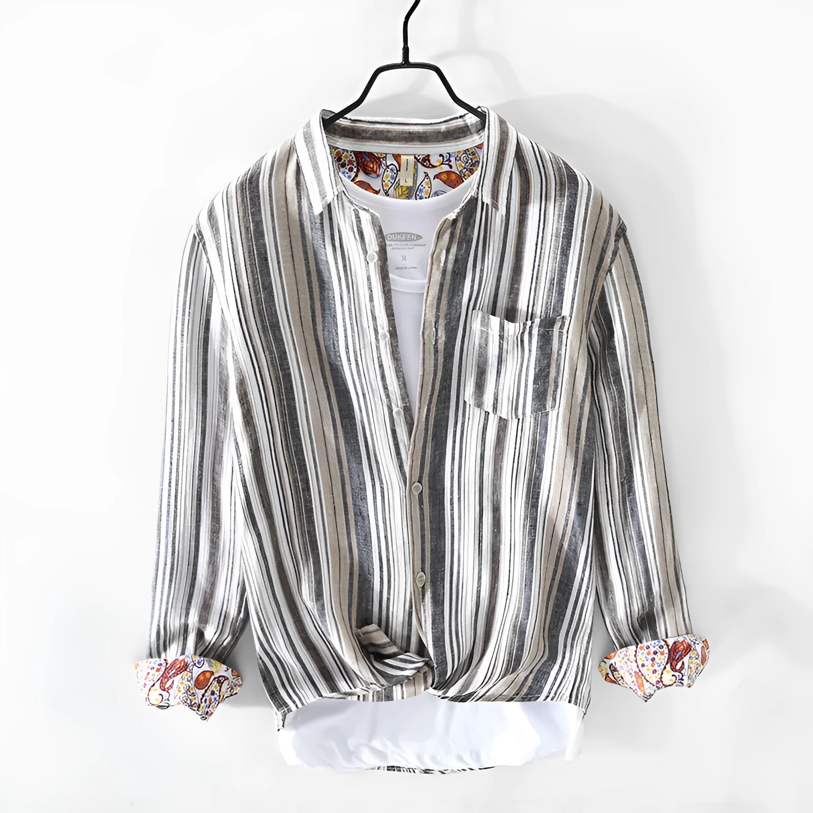 Men's loose fit linen striped shirt with long sleeves in red or grey colour options.