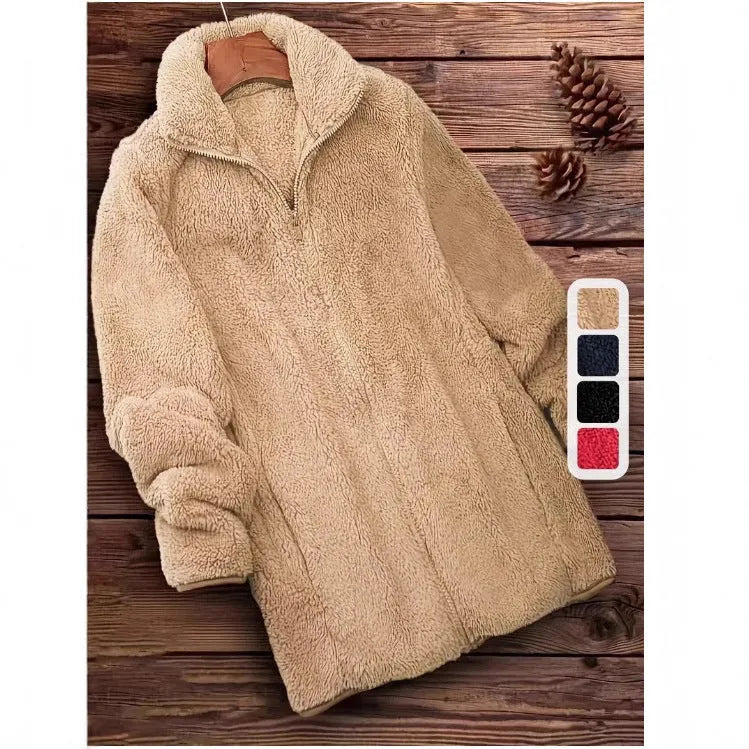 Double-sided velvet fleece coat in black, navy blue and khaki colour options showing soft texture and practical outdoor design