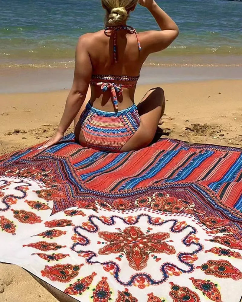 Women's three-piece swimsuit set with cutout blouse, high-waist briefs, and matching beach coat