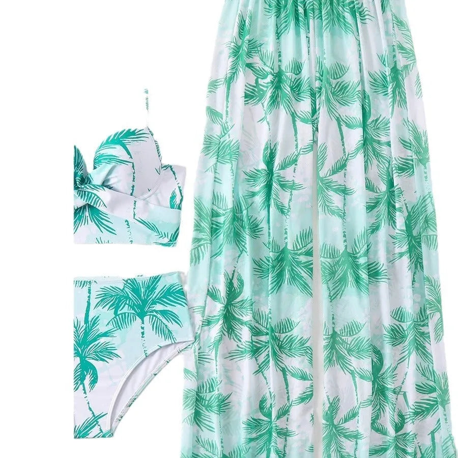 Women's bikini three-piece set in quick-dry polyester with spandex lining, split design, emerald green colour