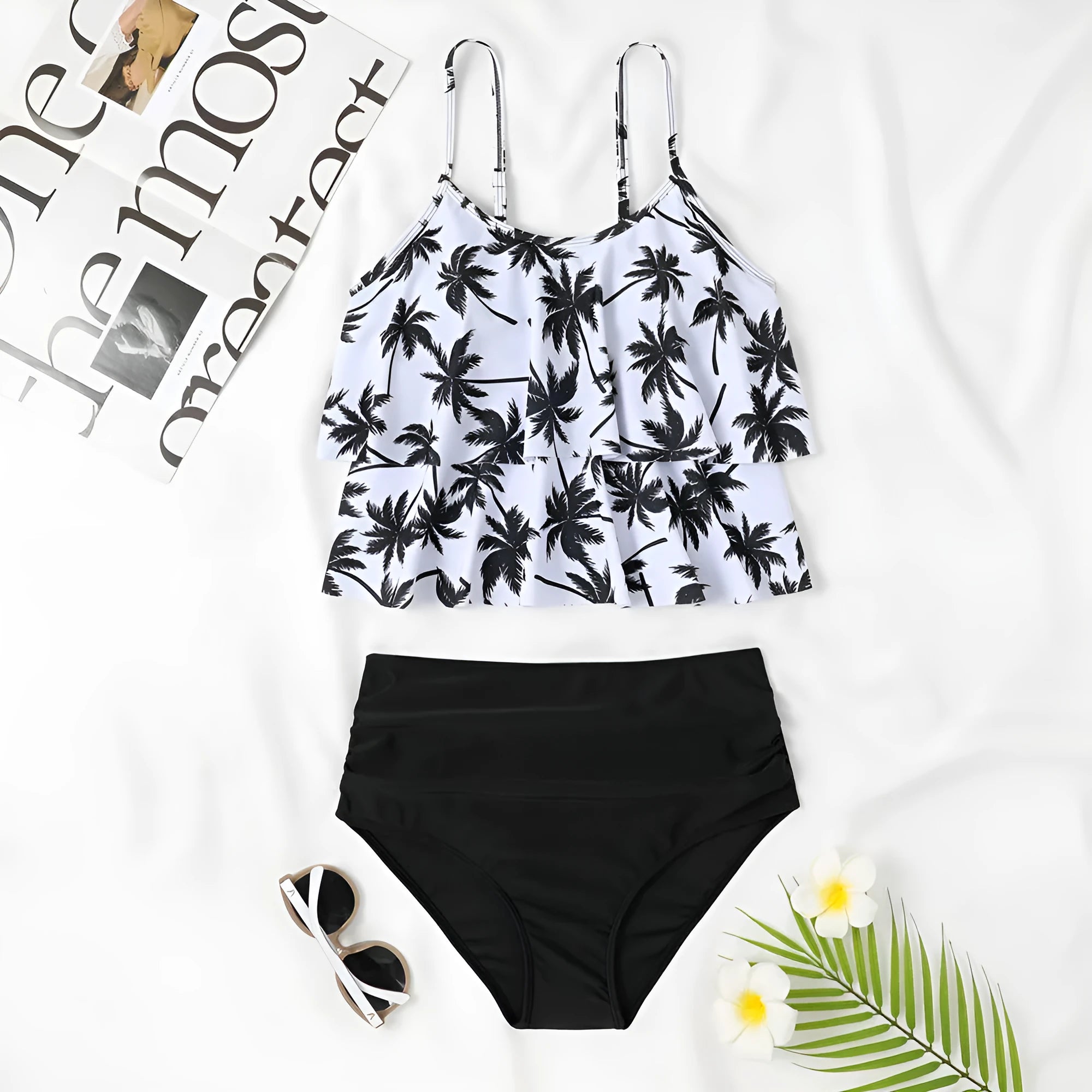 High-waisted double-layer swimsuit with black and coconut tree print patterns for women