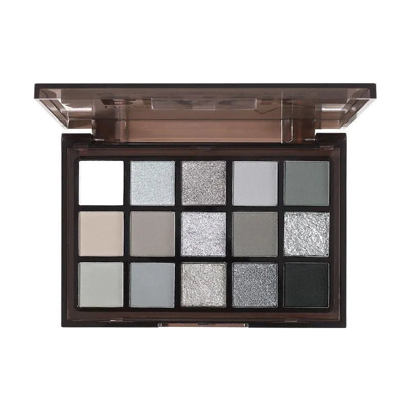 15-colour eye shadow palette showing shimmer and matte finishes in brown, blue and earth tones