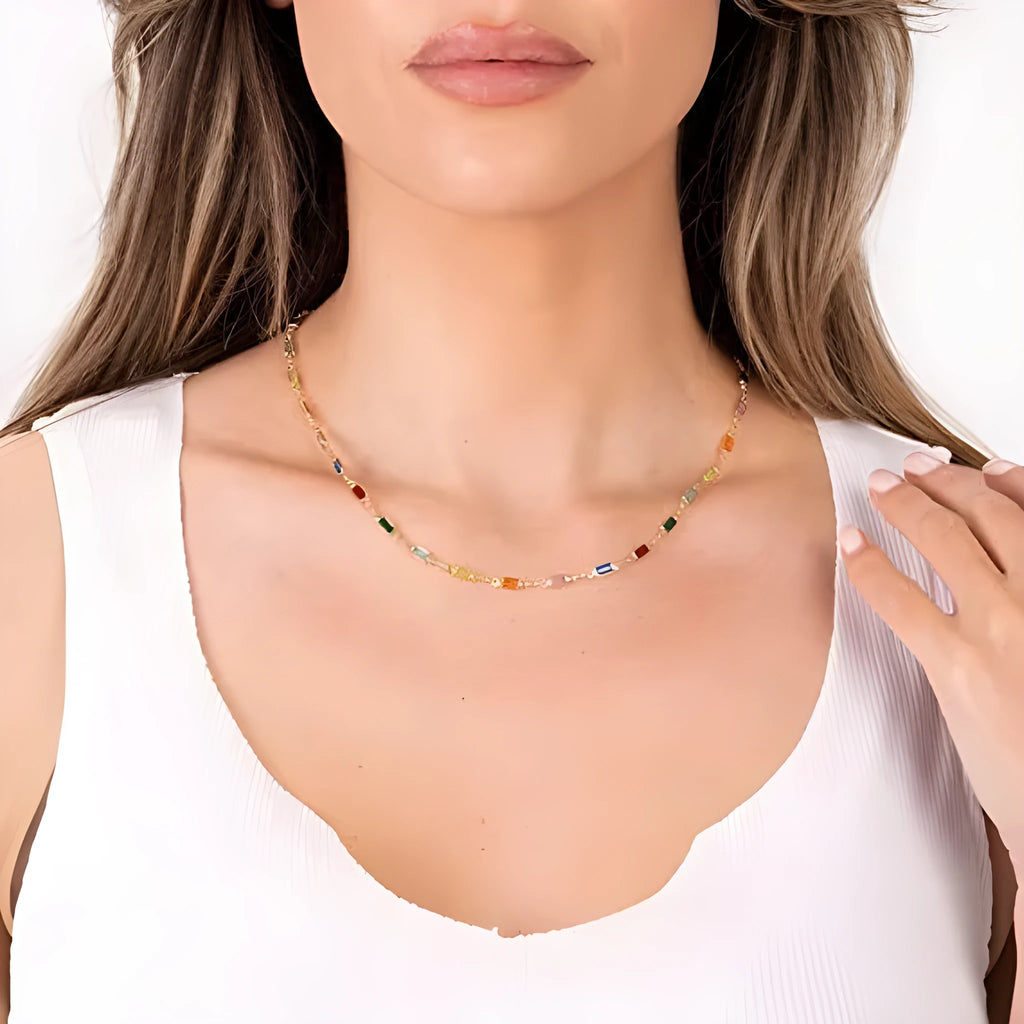 Ladies geometric crystal necklace with alloy chain and random colour glass bead pendant