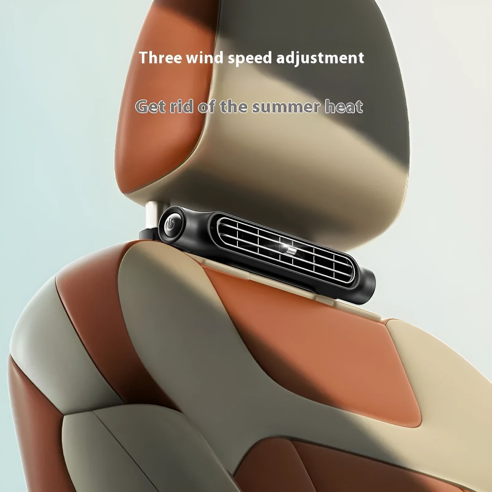 USB car seat fan with brushless motor mounted on car headrest using Velcro strips